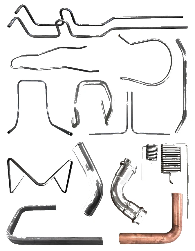 Sample bent steel, stainless, copper and aluminum tube parts produced on Telhoo pipe bending machines