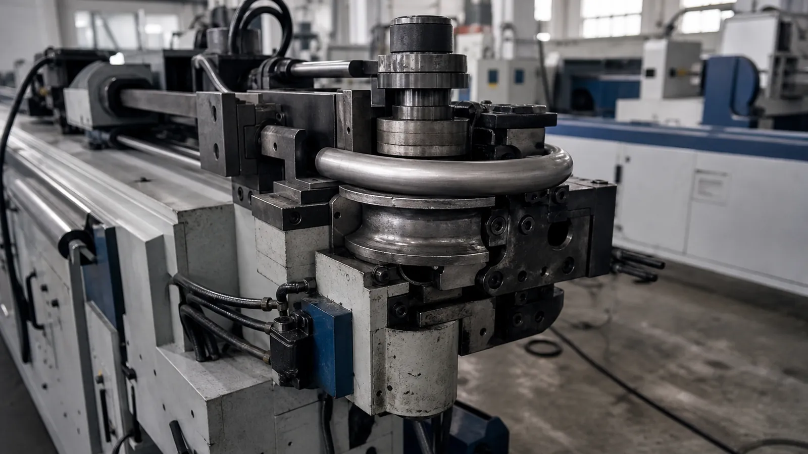CNC pipe bending machine forming a stainless steel tube in the Telhoo workshop