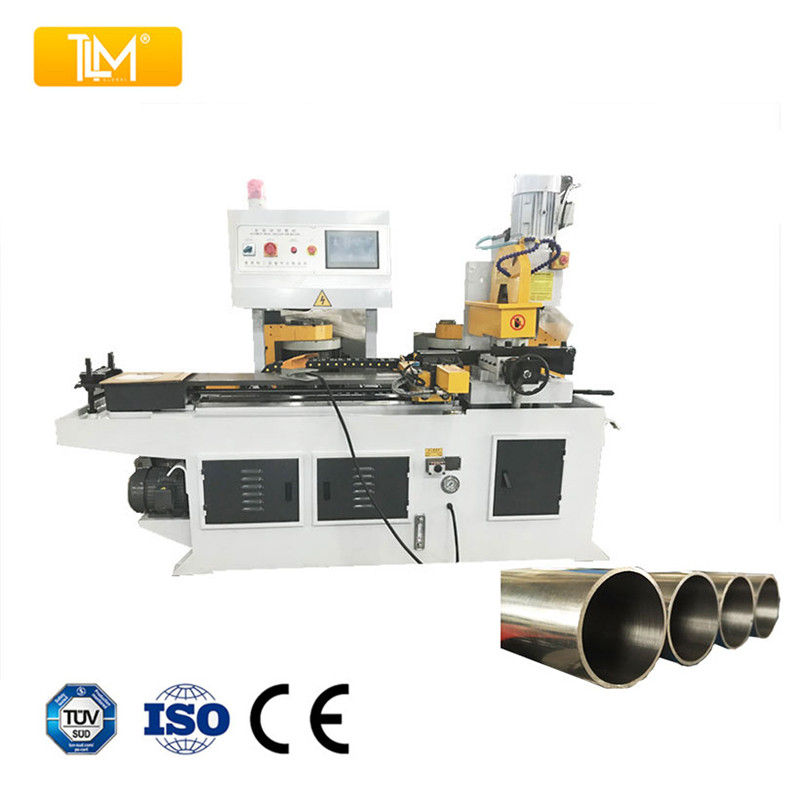 350CNC Automatic Pipe Cutting Machine, full machine on a white background, with cut round pipe sections