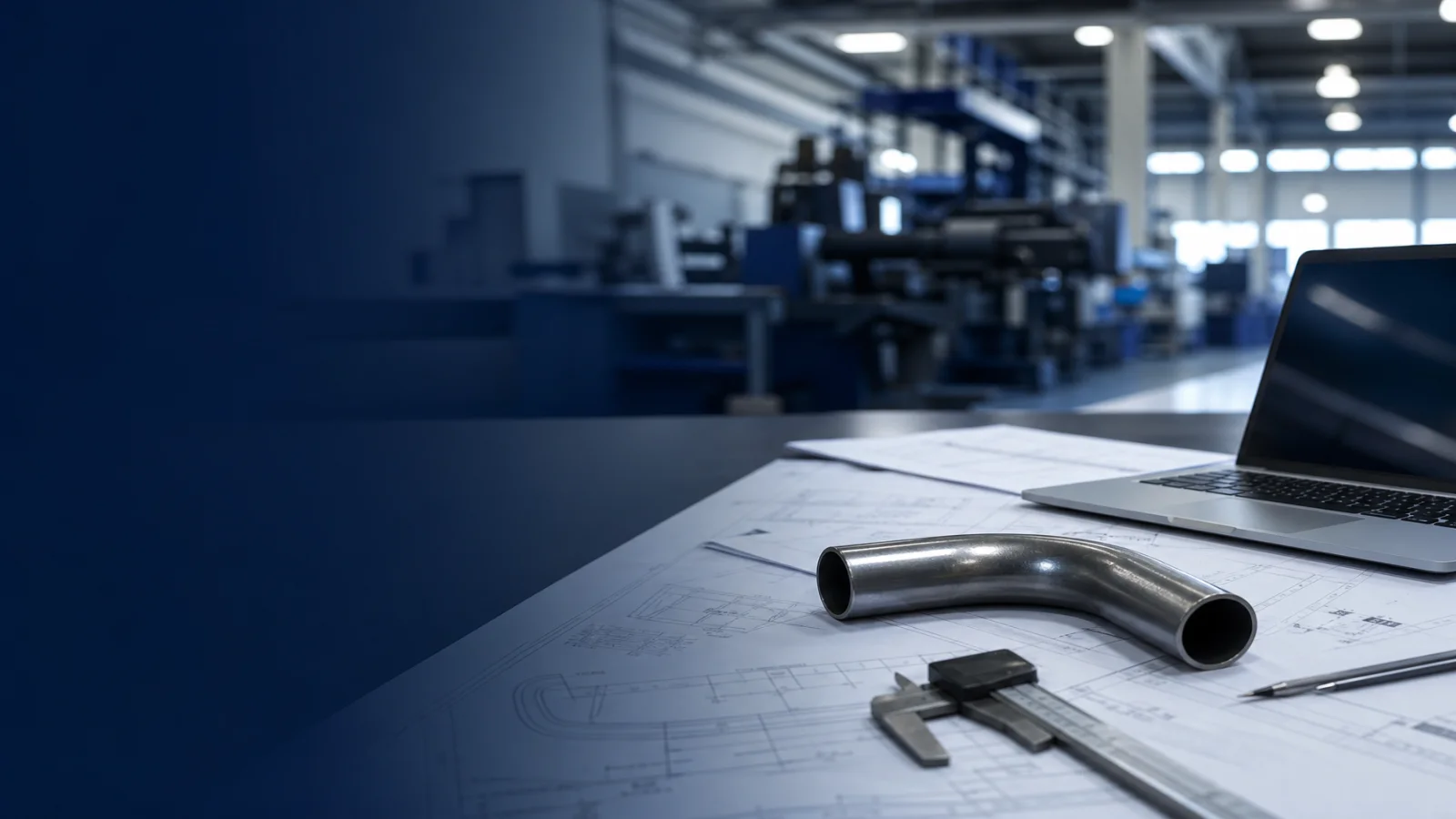 Engineering desk with pipe bending drawings and metal tube sample