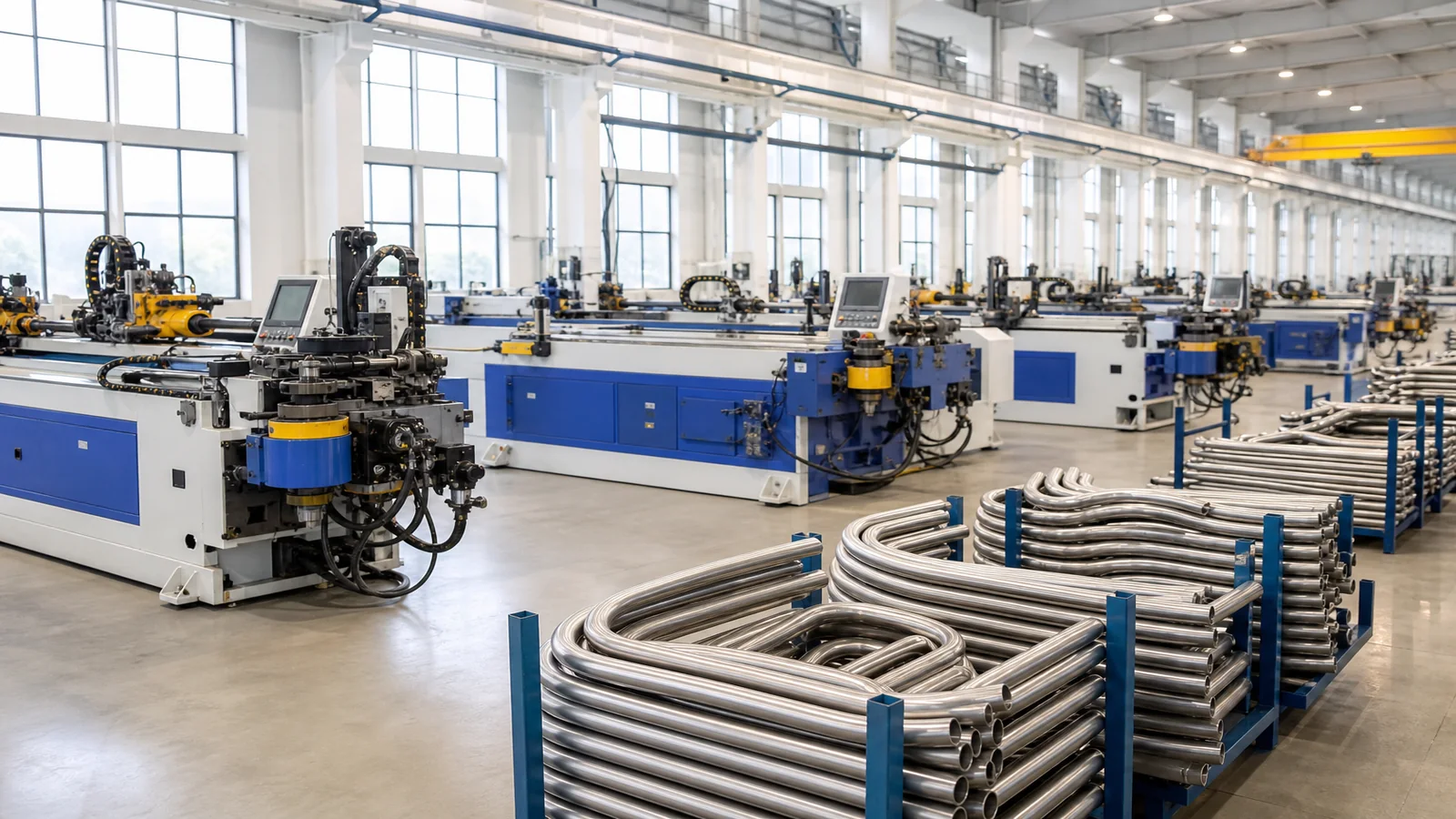 CNC pipe bending machines and bent steel tubes in the Telhoo factory