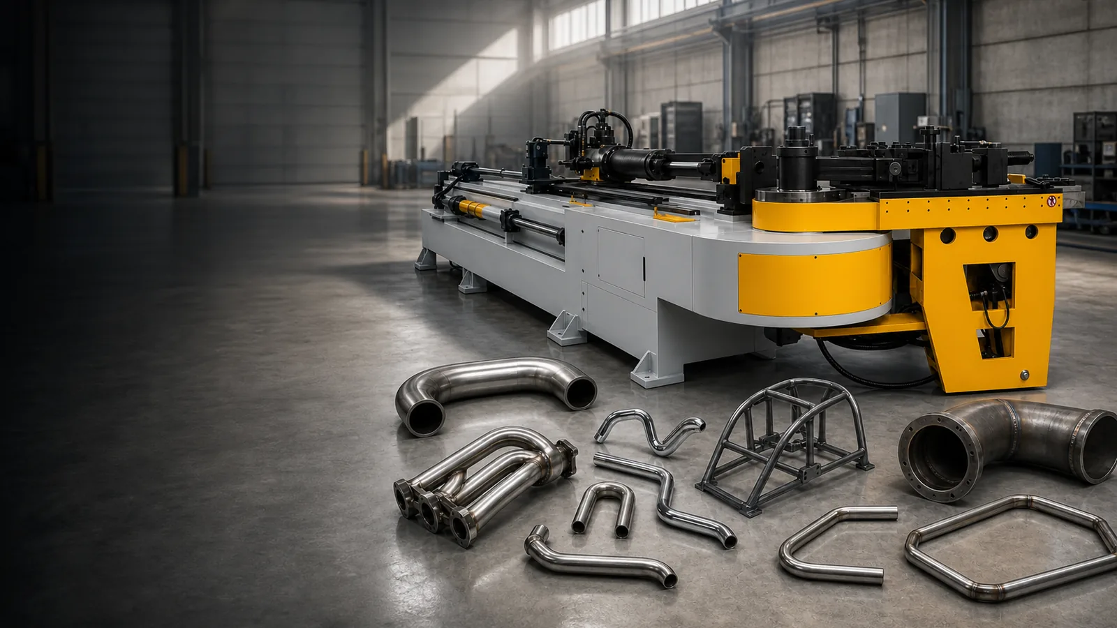 Bent tube and pipe parts beside a CNC pipe bending machine in the Telhoo workshop
